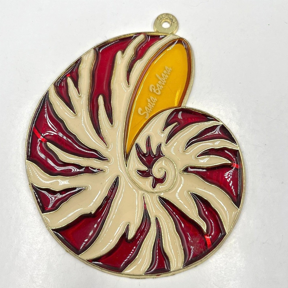 VTG GERCO Santa Barbara Nautilus Shell Pendant Suncatcher Stained Red Glass Y2K